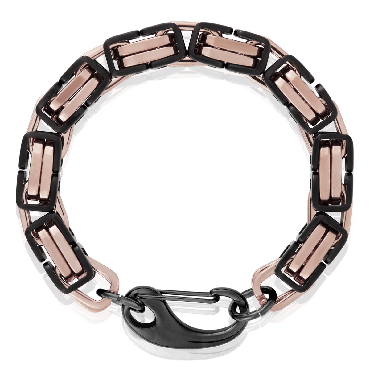 Crucible Jewelry Black/Rose Gold Stainless Steel Byzantine Chain Bracelet 11mm Wide