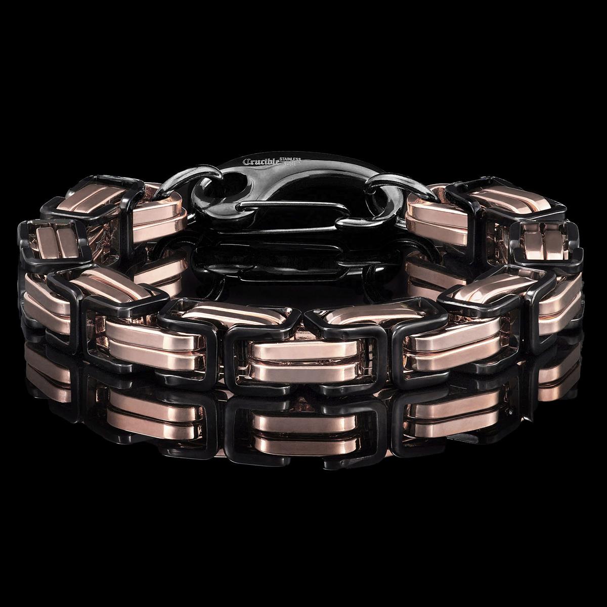 Crucible Jewelry Black/Rose Gold Stainless Steel Byzantine Chain Bracelet 11mm Wide