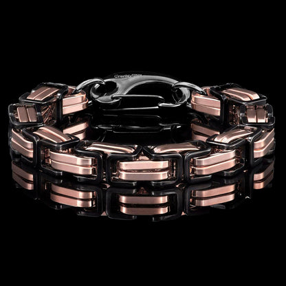 Crucible Jewelry Black/Rose Gold Stainless Steel Byzantine Chain Bracelet 11mm Wide