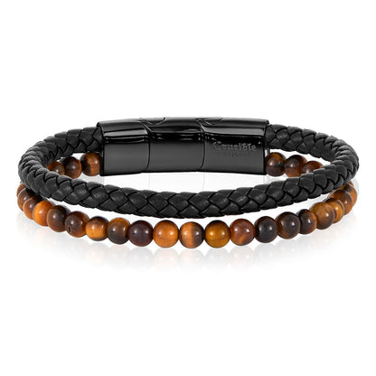 Tiger Eye Stone Bead and Leather Bracelet - 8.25" + 0.5" Ext