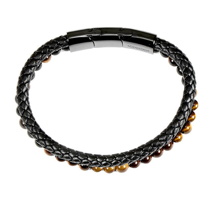 Tiger Eye Stone Bead and Leather Bracelet - 8.25" + 0.5" Ext