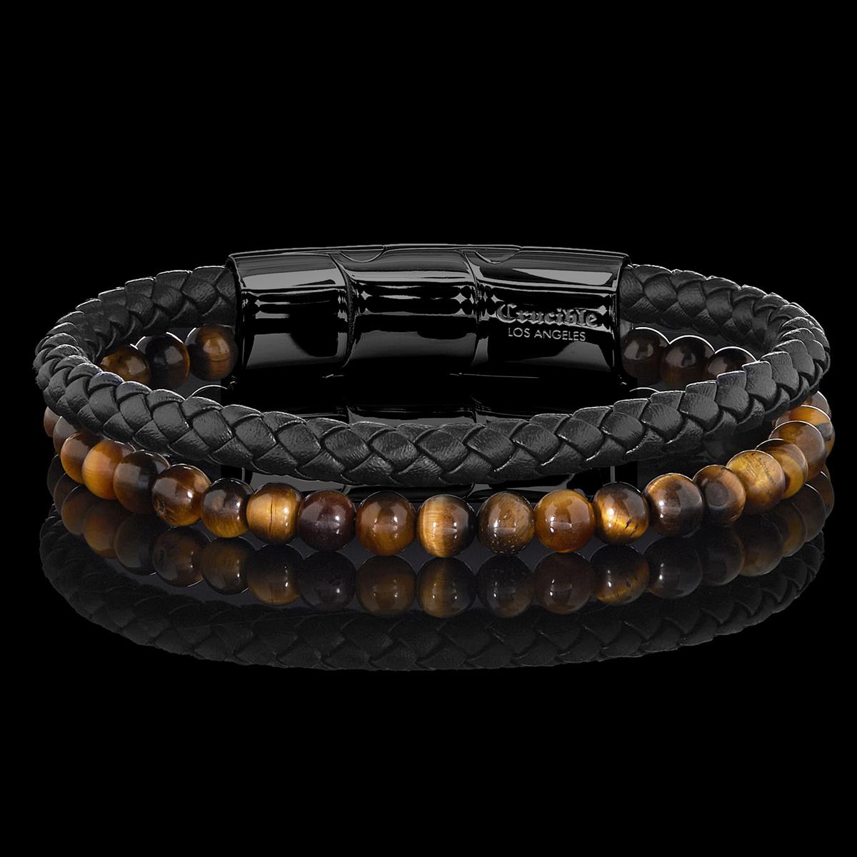 Crucible Natural Stone Bead Black Leather Bracelet - 8.25" + 0.5" Ext