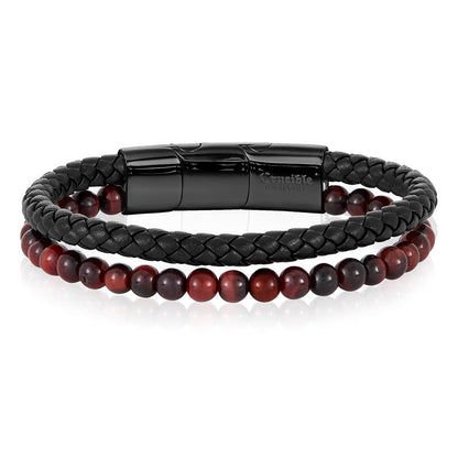 Men's Red Tiger Eye Stone Bead and Leather Bracelet - 8.25" + 0.5" Ext