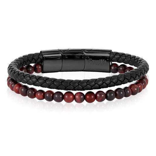 Men's Red Tiger Eye Stone Bead and Leather Bracelet - 8.25" + 0.5" Ext