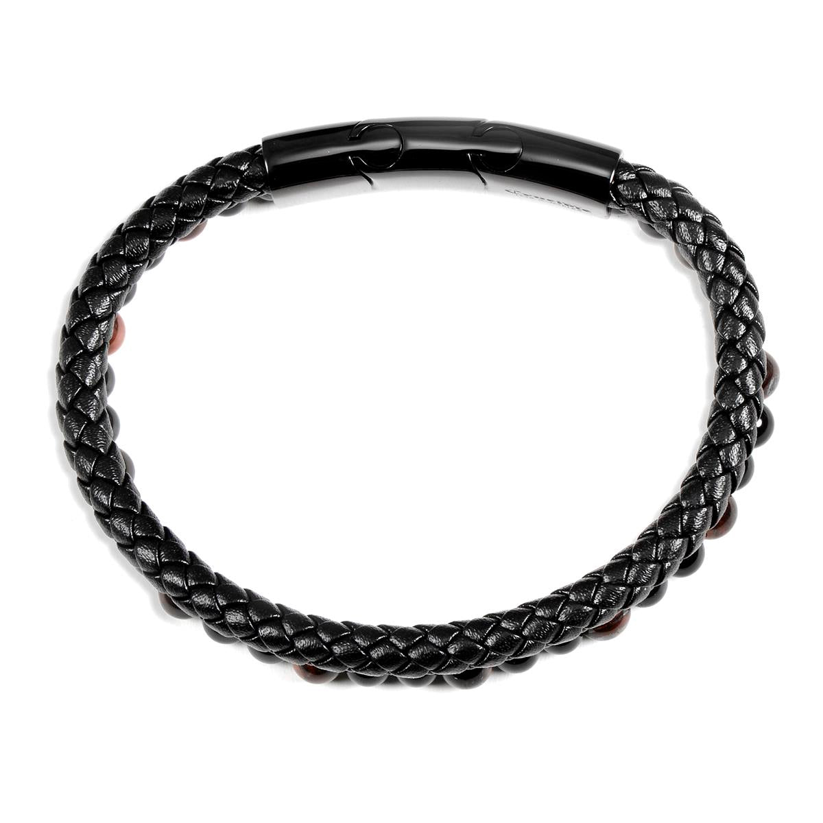 Men's Red Tiger Eye Stone Bead and Leather Bracelet - 8.25" + 0.5" Ext