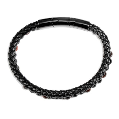 Men's Red Tiger Eye Stone Bead and Leather Bracelet - 8.25" + 0.5" Ext