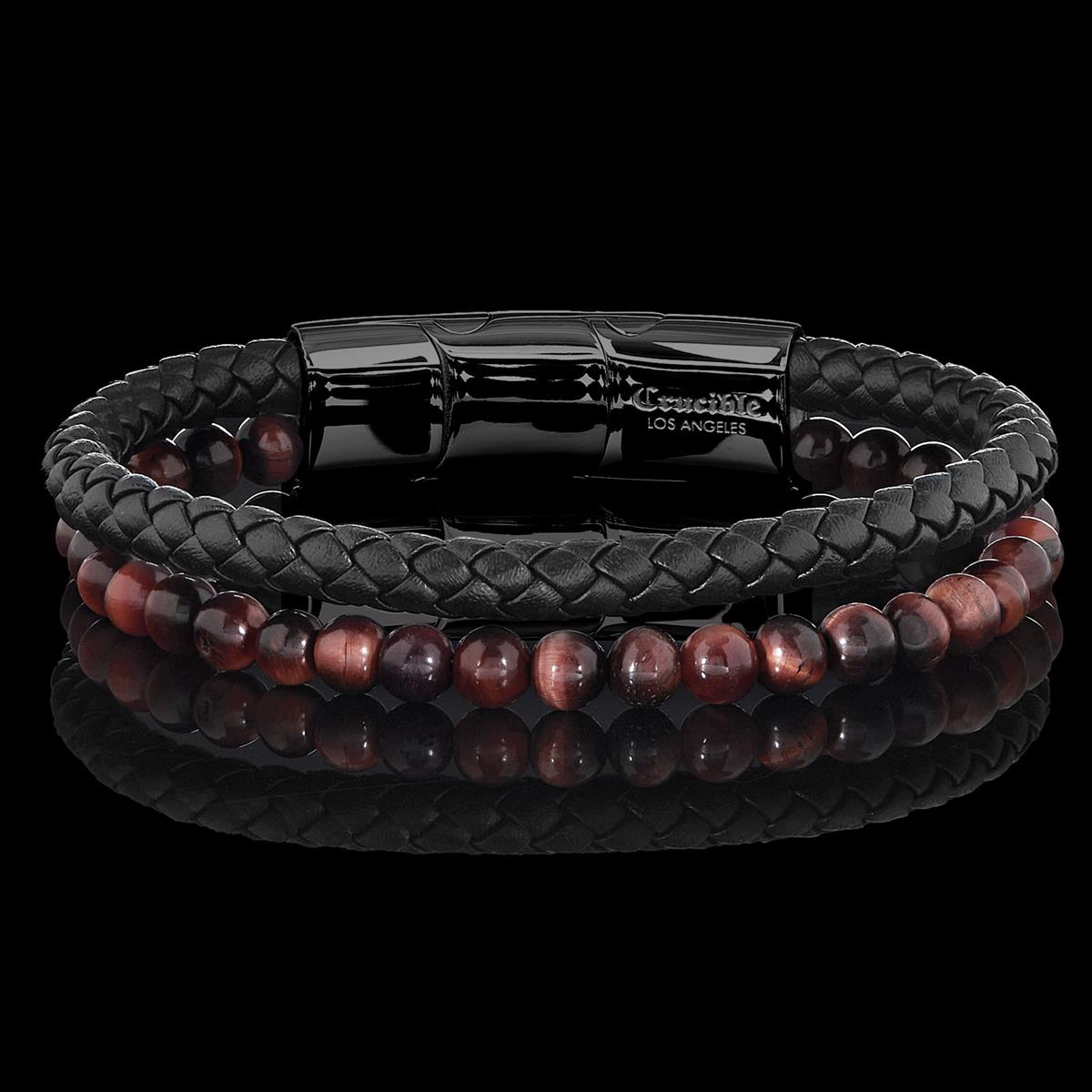 Men's Red Tiger Eye Stone Bead and Leather Bracelet - 8.25" + 0.5" Ext