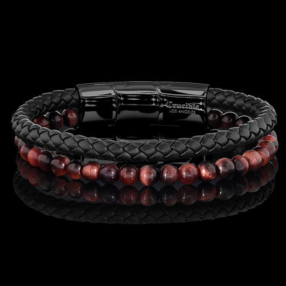 Men's Red Tiger Eye Stone Bead and Leather Bracelet - 8.25" + 0.5" Ext