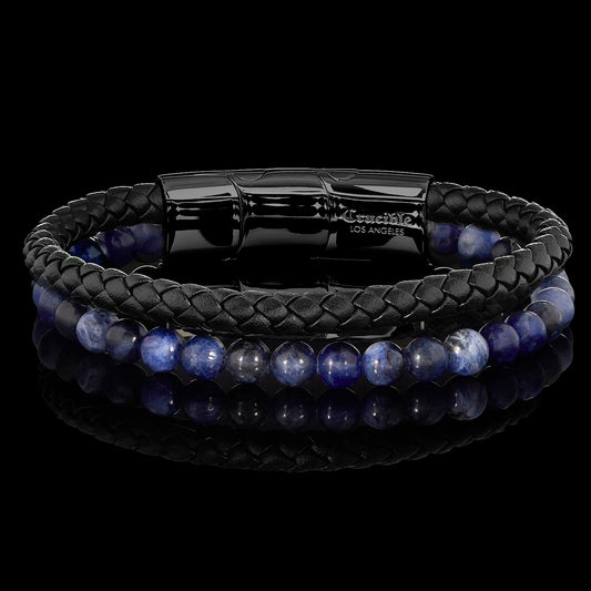 Men's Sodalite Stone Bead and Leather Bracelet - 8.25" + 0.5" Ext