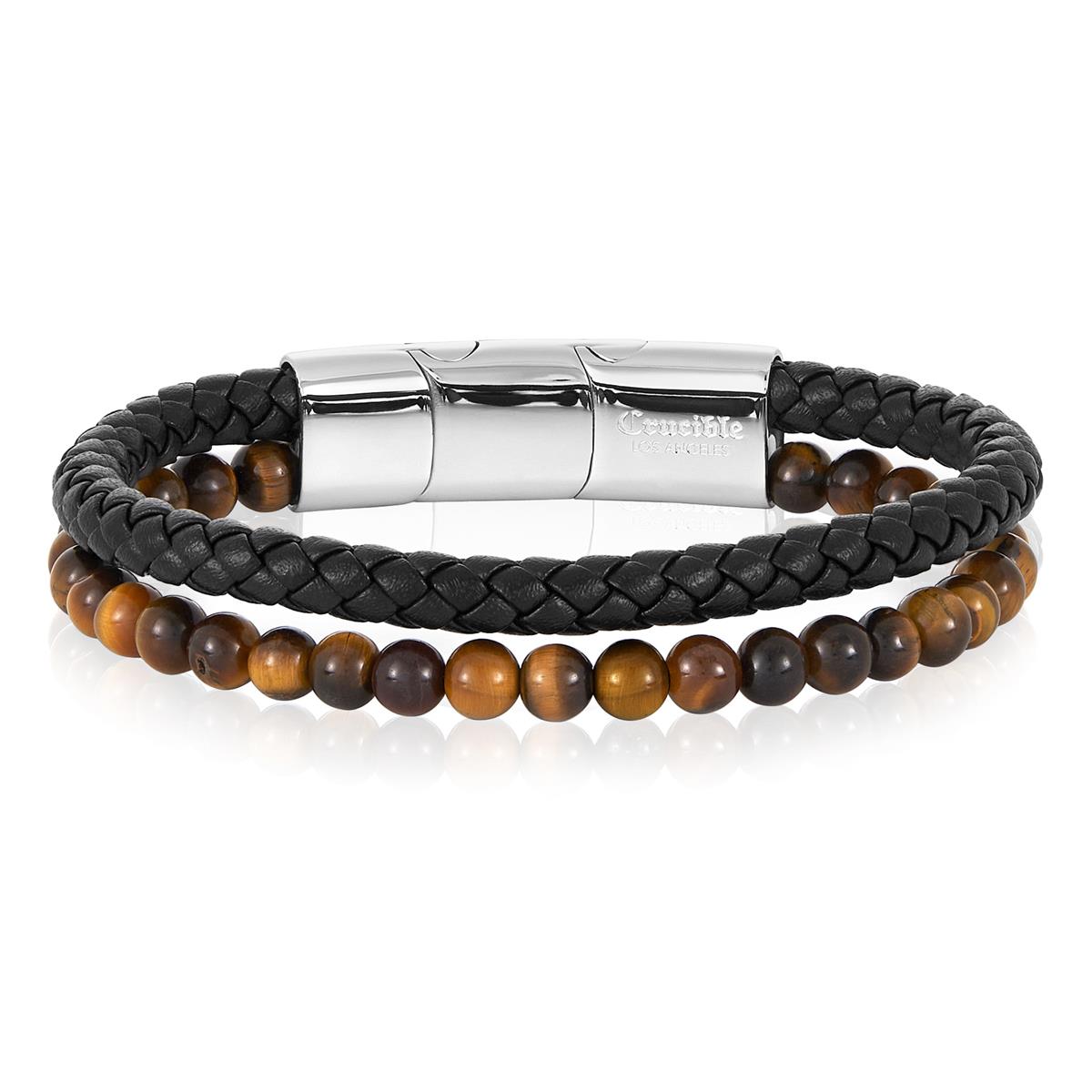 Tiger Eye Stone Bead and Leather Bracelet - 8.25" + 0.5" Ext