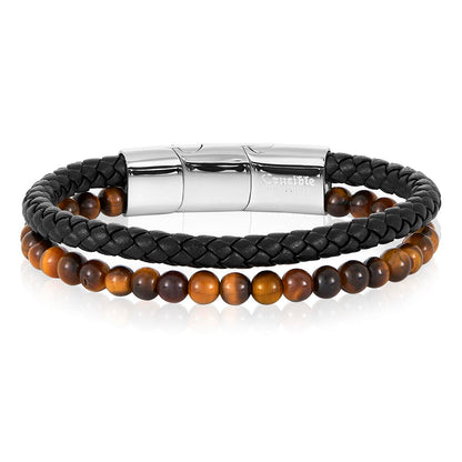 Tiger Eye Stone Bead and Leather Bracelet - 8.25" + 0.5" Ext