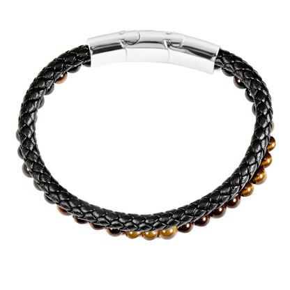 Tiger Eye Stone Bead and Leather Bracelet - 8.25" + 0.5" Ext