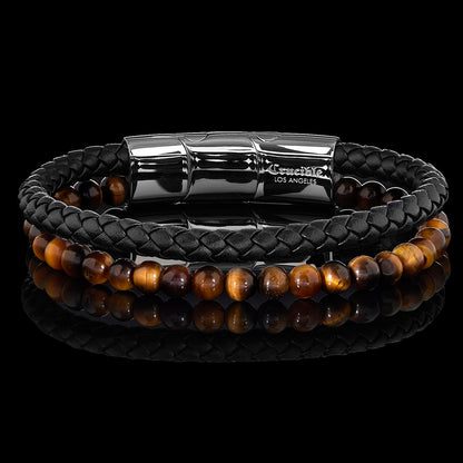 Tiger Eye Stone Bead and Leather Bracelet - 8.25" + 0.5" Ext