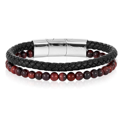 Men's Red Tiger Eye Stone Bead and Leather Bracelet - 8.25" + 0.5" Ext