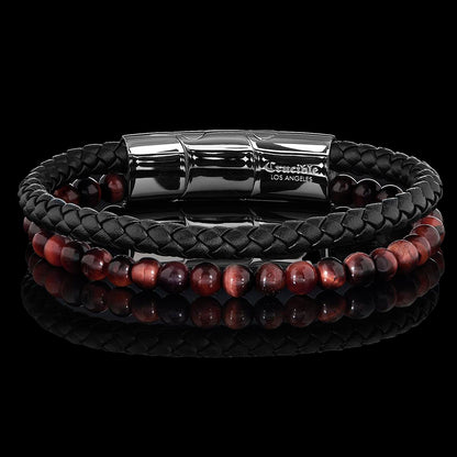 Red Tiger Eye Stone Bead and Leather Bracelet - 8.25" + 0.5" Ext