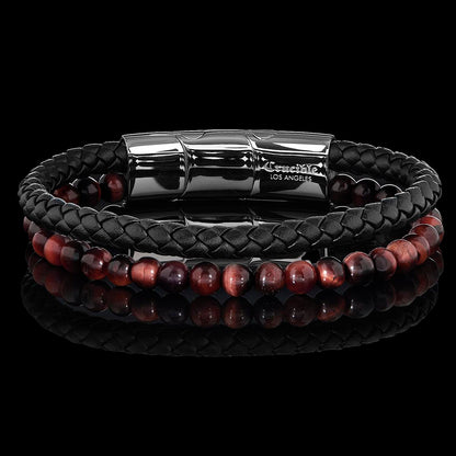 Men's Red Tiger Eye Stone Bead and Leather Bracelet - 8.25" + 0.5" Ext