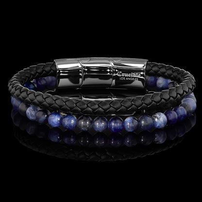 Sodalite Stone Bead and Leather Bracelet - 8.25" + 0.5" Ext