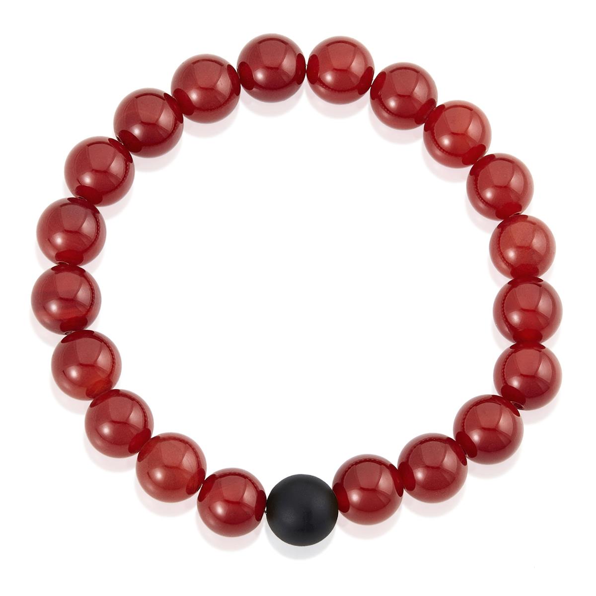 Polished Red Agate and Black Matte Onyx 10mm Natural Stone Bead Stretch Bracelet