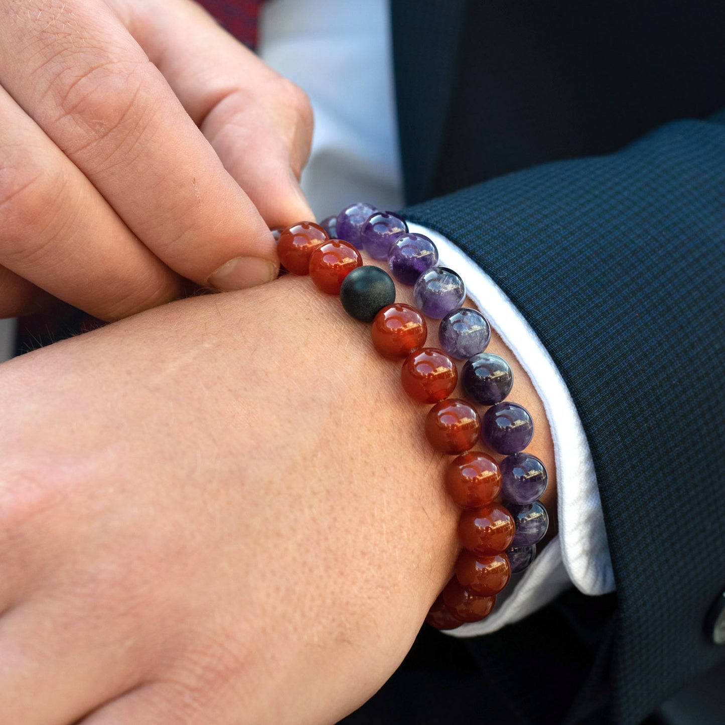 Men's  Polished 10mm Natural Stone Bead Stretch Bracelet