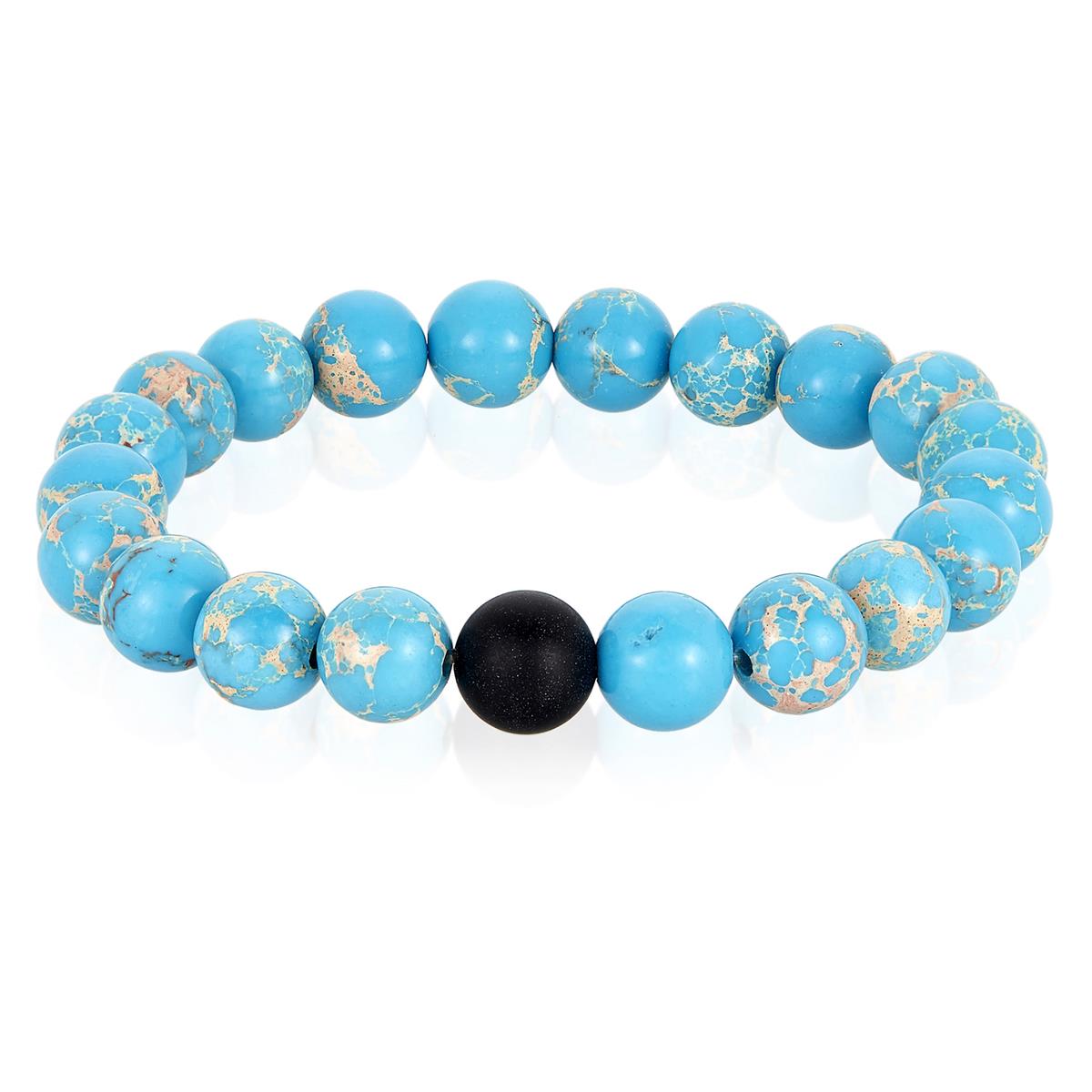 Polished Turquoise Imperial Jasper and Black Matte Onyx 10mm Natural Stone Bead Stretch Bracelet