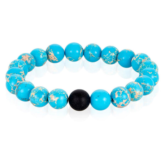 Polished Turquoise Imperial Jasper and Black Matte Onyx 10mm Natural Stone Bead Stretch Bracelet