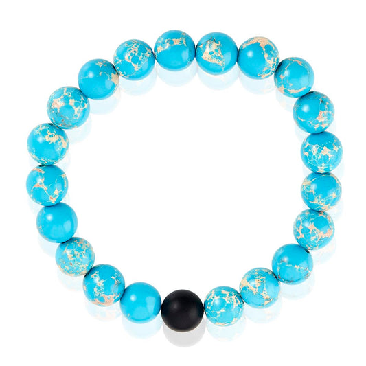 Polished Turquoise Imperial Jasper and Black Matte Onyx 10mm Natural Stone Bead Stretch Bracelet