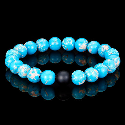 Polished Turquoise Imperial Jasper and Black Matte Onyx 10mm Natural Stone Bead Stretch Bracelet