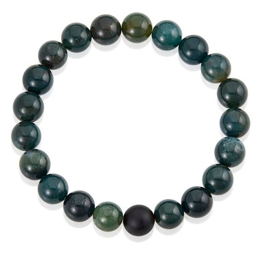 Polished Moss Agate and Black Matte Onyx 10mm Natural Stone Bead Stretch Bracelet