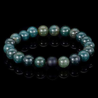 Polished Moss Agate and Black Matte Onyx 10mm Natural Stone Bead Stretch Bracelet