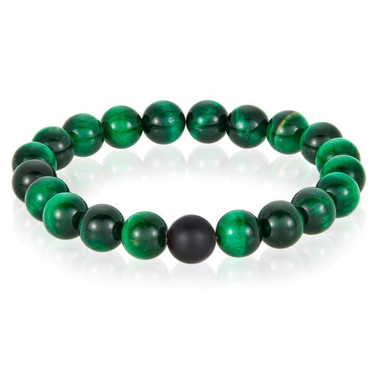 Polished Green Tiger Eye and Black Matte Onyx 10mm Natural Stone Bead Stretch Bracelet