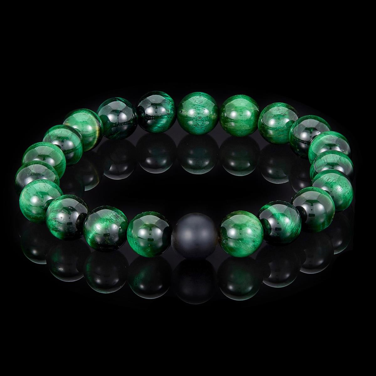 Polished Green Tiger Eye and Black Matte Onyx 10mm Natural Stone Bead Stretch Bracelet