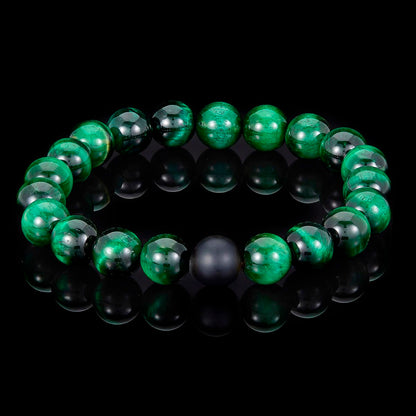 Polished Green Tiger Eye and Black Matte Onyx 10mm Natural Stone Bead Stretch Bracelet