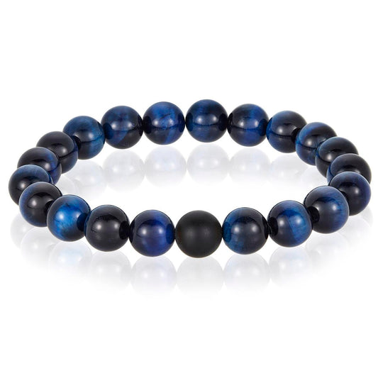 Polished Blue Tiger Eye and Black Matte Onyx 10mm Natural Stone Bead Stretch Bracelet