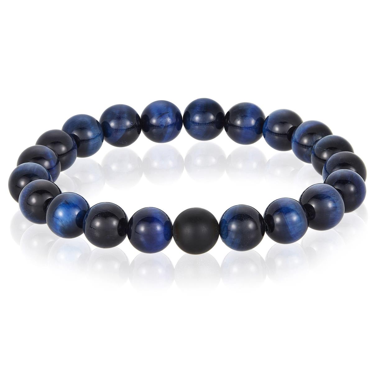 Crucible Jewelry Polished Blue Tiger Eye and Black Matte Onyx 10mm Natural Stone Bead Stretch Bracelet