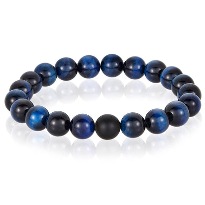 Crucible Jewelry Polished Blue Tiger Eye and Black Matte Onyx 10mm Natural Stone Bead Stretch Bracelet