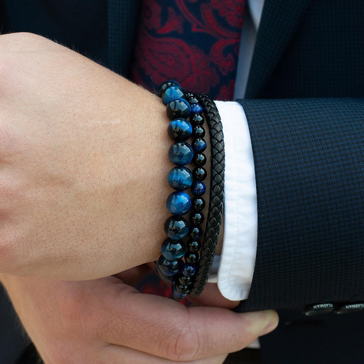 Polished Blue Tiger Eye and Black Matte Onyx 10mm Natural Stone Bead Stretch Bracelet