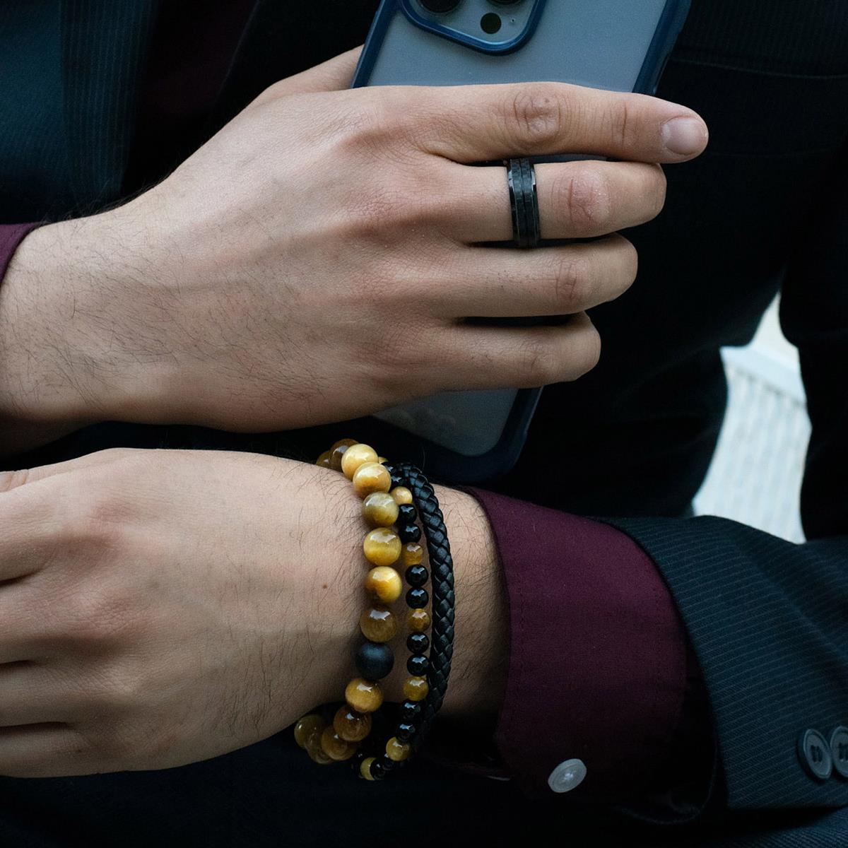 Polished Gold Tiger Eye and Black Matte Onyx 10mm Natural Stone Bead Stretch Bracelet