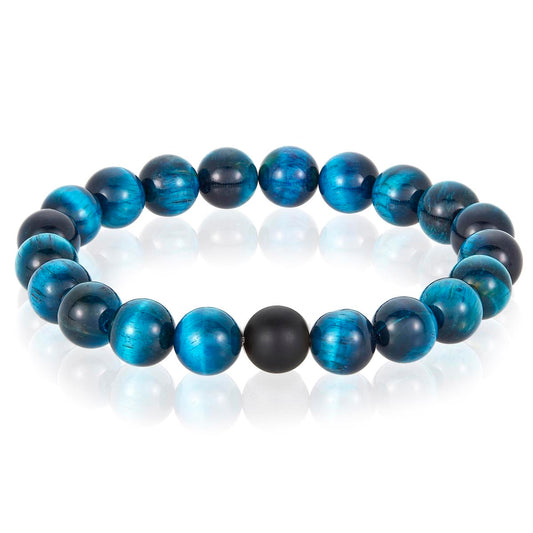 Polished Aqua Tiger Eye and Black Matte Onyx 10mm Natural Stone Bead Stretch Bracelet