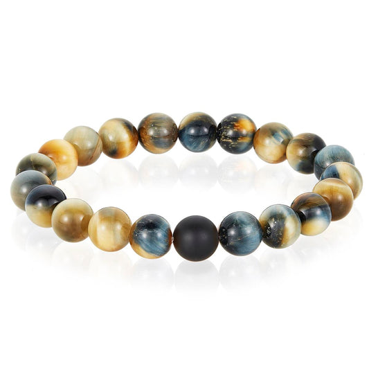 Polished Dream Tiger Eye and Black Matte Onyx 10mm Natural Stone Bead Stretch Bracelet