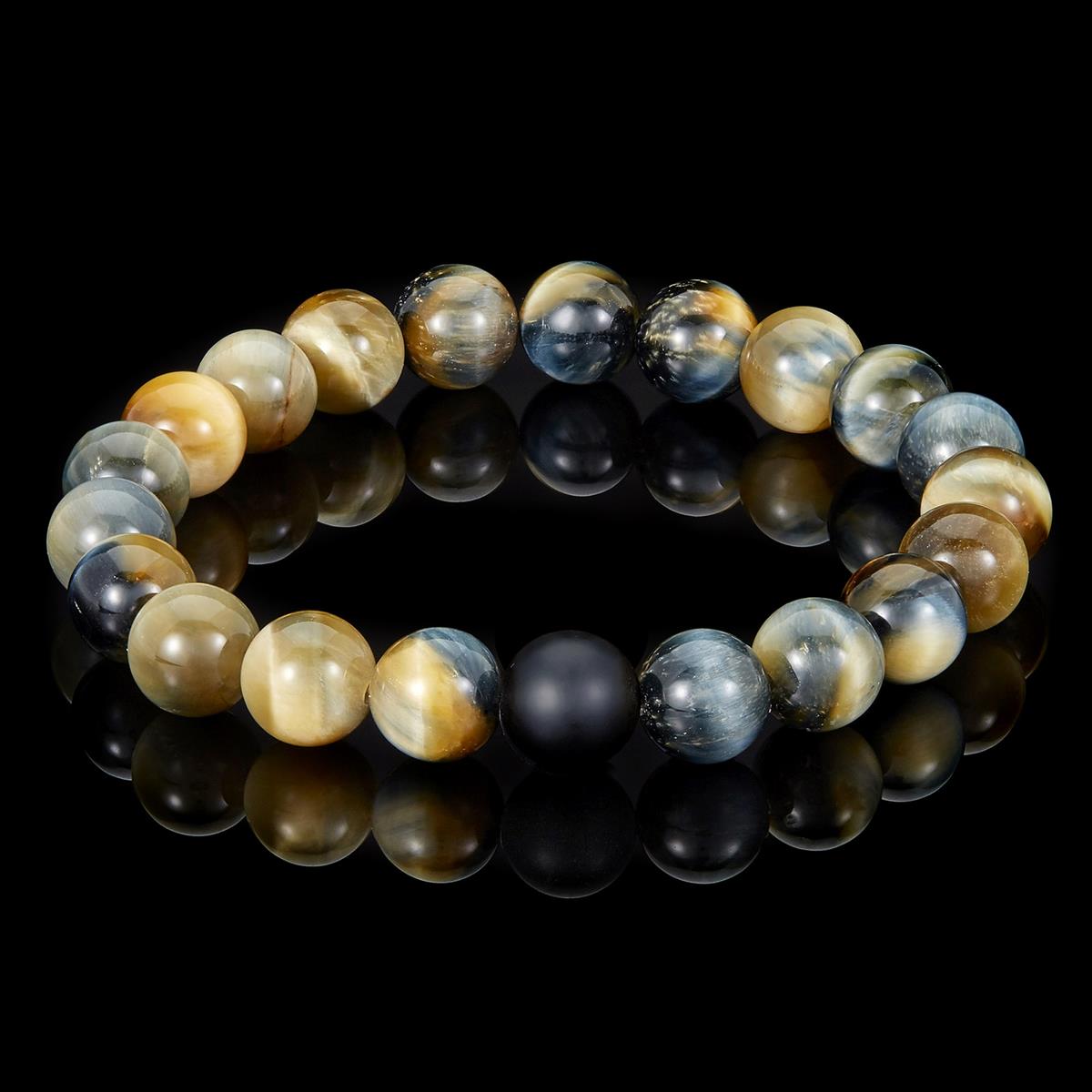 Polished Dream Tiger Eye and Black Matte Onyx 10mm Natural Stone Bead Stretch Bracelet