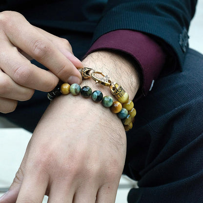 Polished Dream Tiger Eye and Black Matte Onyx 10mm Natural Stone Bead Stretch Bracelet