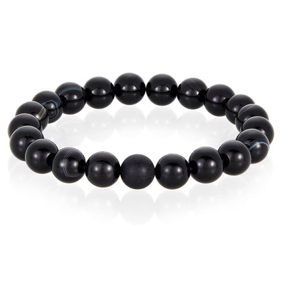 Polished Black Banded Agate and Black Matte Onyx 10mm Natural Stone Bead Stretch Bracelet