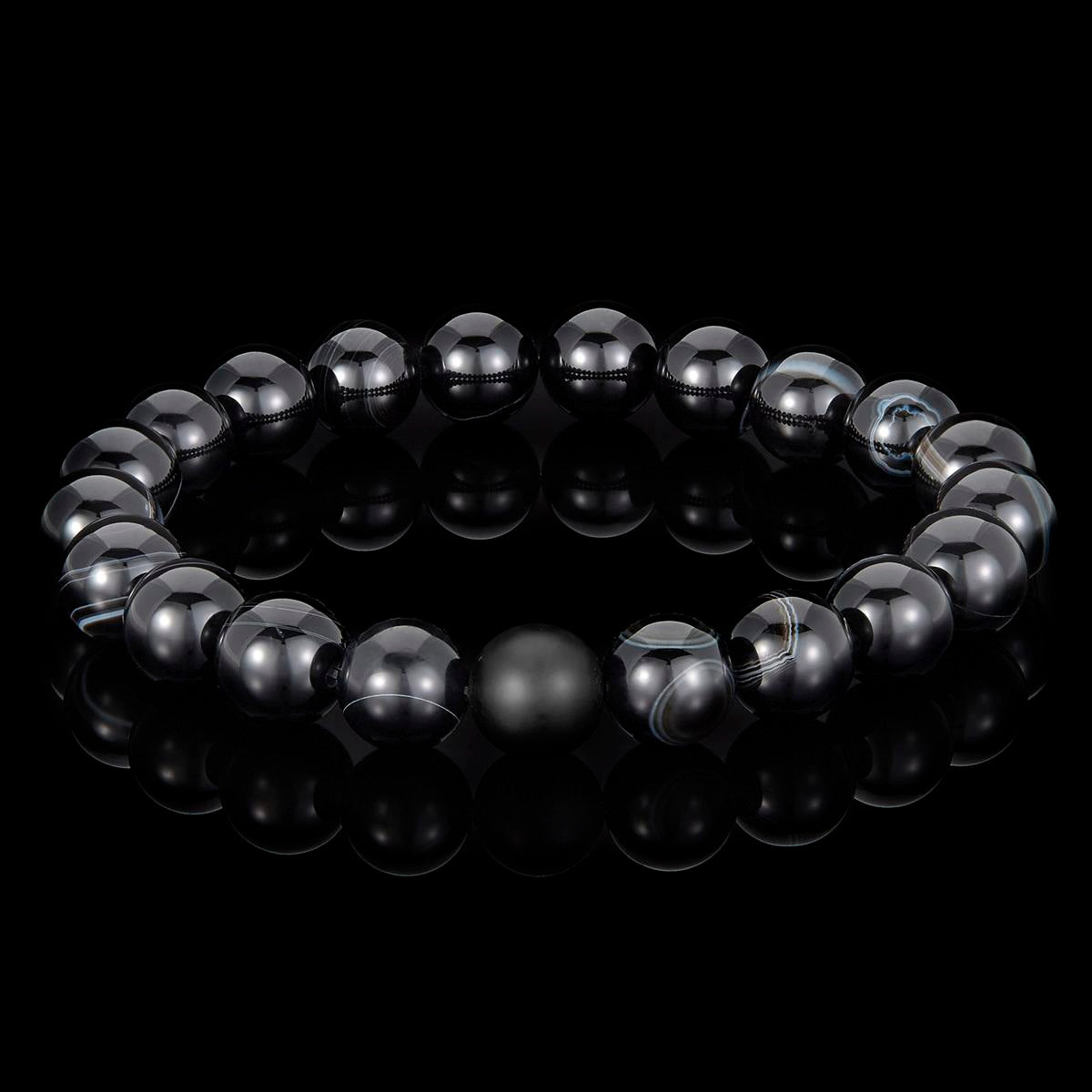 Polished Black Banded Agate and Black Matte Onyx 10mm Natural Stone Bead Stretch Bracelet