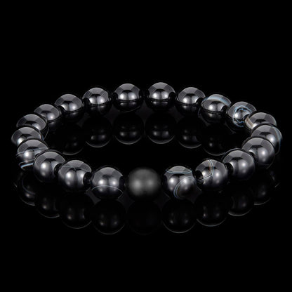 Polished Black Banded Agate and Black Matte Onyx 10mm Natural Stone Bead Stretch Bracelet