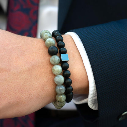 Polished Labradorite and Black Matte Onyx 10mm Natural Stone Bead Stretch Bracelet