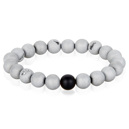Crucible Jewelry Silver Druzy Agate and Black Matte Onyx 10mm Natural Stone Bead Stretch Bracelet