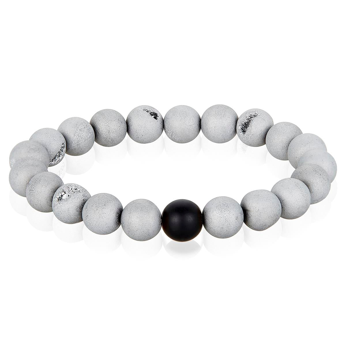 Silver Druzy Agate and Black Matte Onyx 10mm Natural Stone Bead Stretch Bracelet