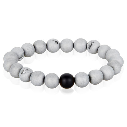 Silver Druzy Agate and Black Matte Onyx 10mm Natural Stone Bead Stretch Bracelet