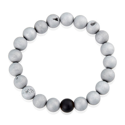 Silver Druzy Agate and Black Matte Onyx 10mm Natural Stone Bead Stretch Bracelet