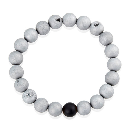 Crucible Jewelry Silver Druzy Agate and Black Matte Onyx 10mm Natural Stone Bead Stretch Bracelet